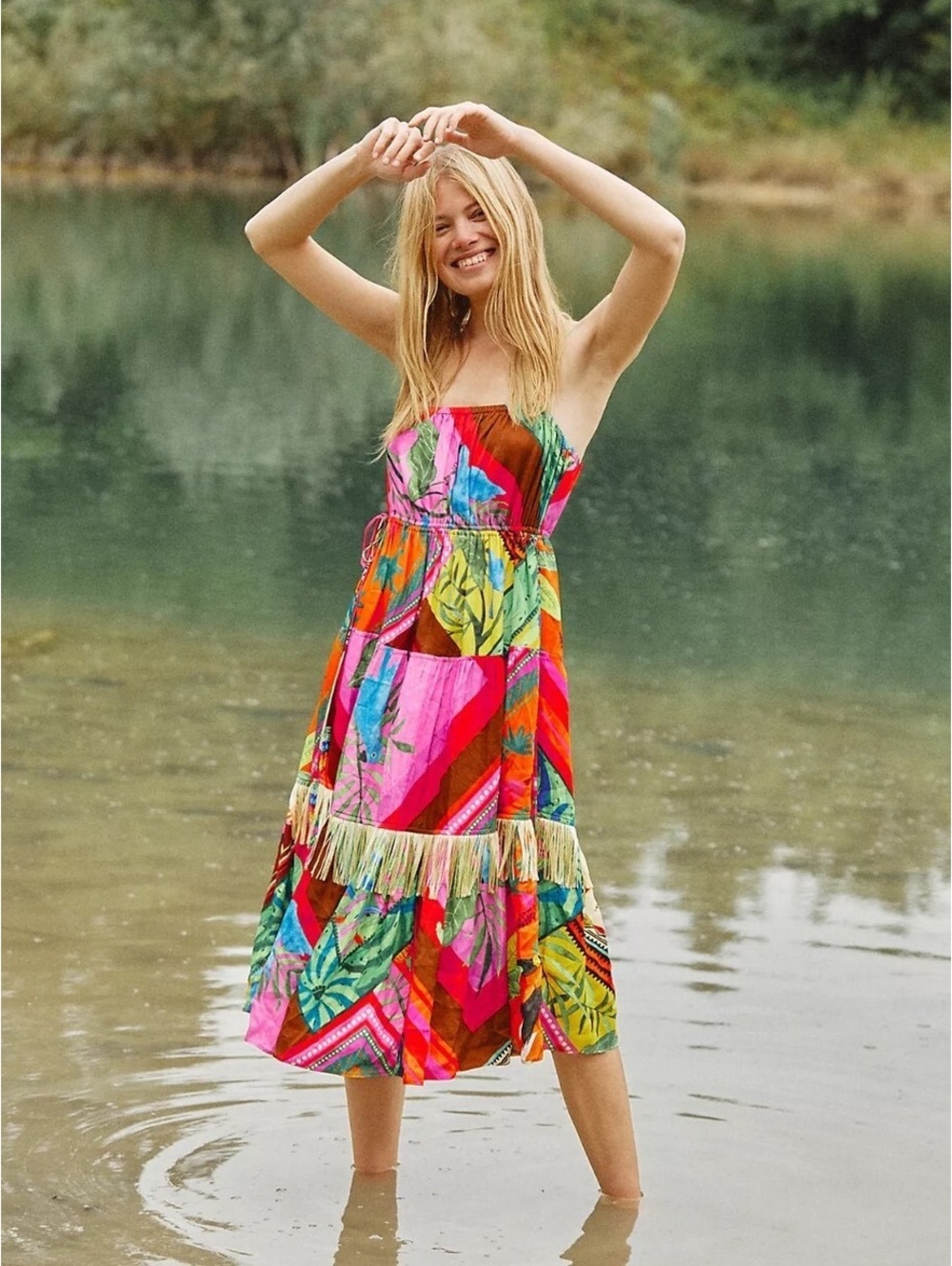 FARM Rio Palila Fringed Midi Dress Size L